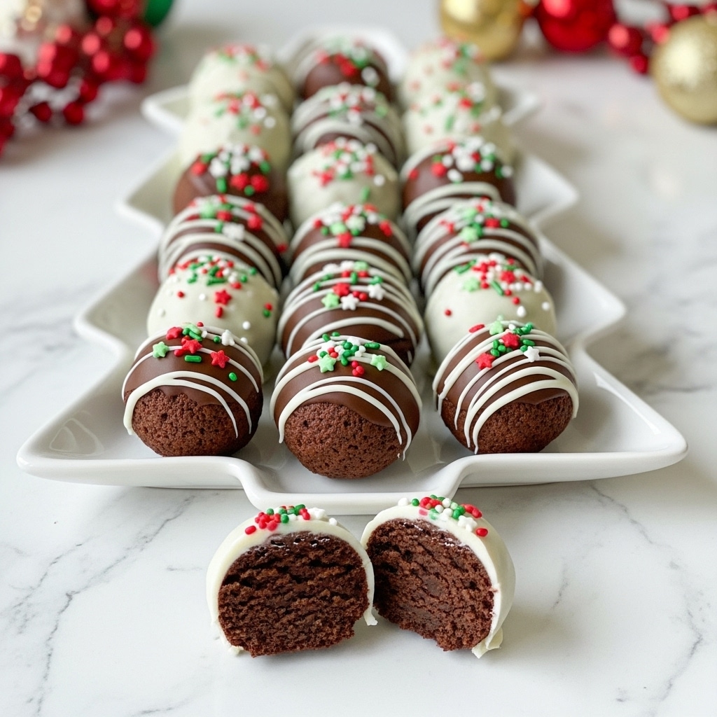 A white marbled surface holds a white tree-shaped plate filled with round cake balls, arranged in rows. The cake balls have two main layers: the inside is a rough-textured dark brown chocolate cake, and the outside is a smooth candy coating that alternates between white and milk chocolate. Each ball is topped with colorful tiny sprinkles in red, green, white, and light green, some shaped as stars. Two white-coated cake balls in front are cut in half to show the dense dark cake inside. The background features blurred Christmas-themed decorations in red, gold, and green. photo taken with an iphone --ar 4:5 --v 7