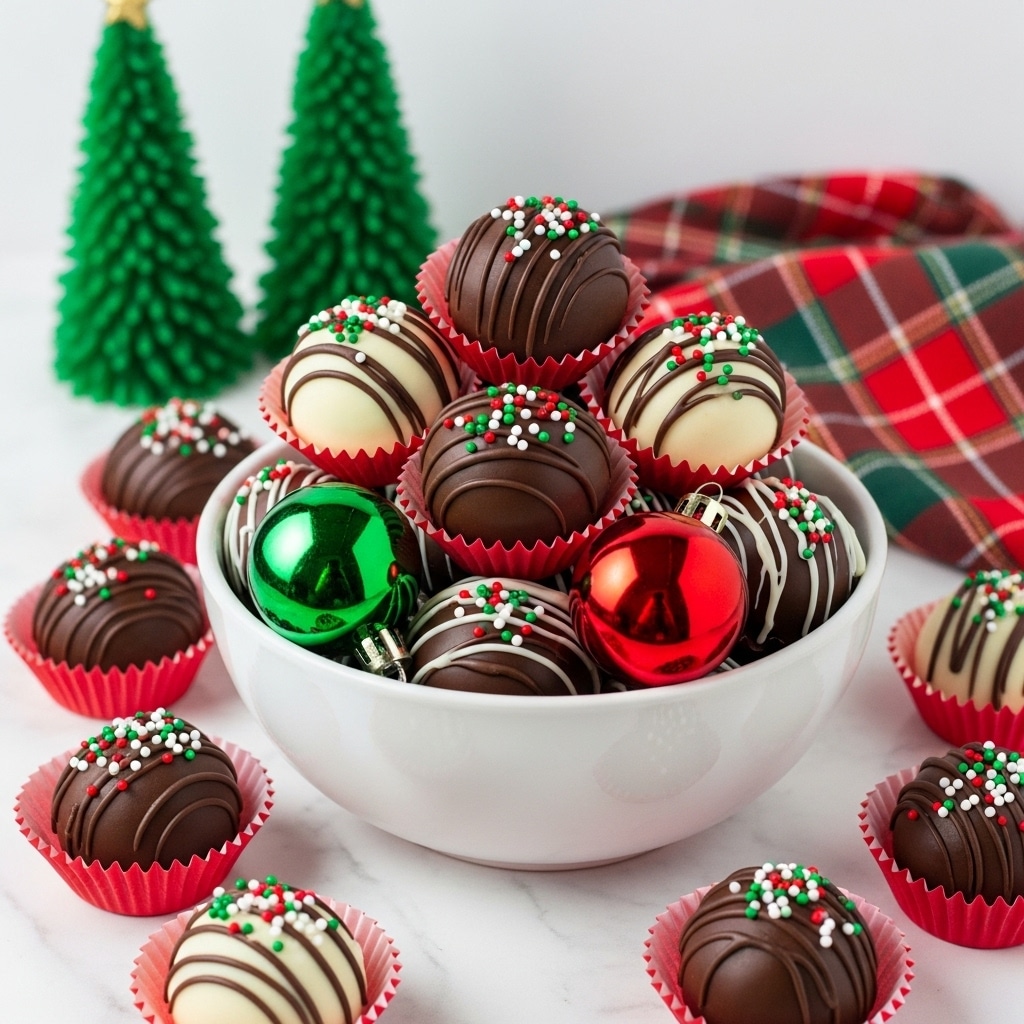 A white bowl is filled with round chocolate balls, about two layers high, coated in dark and white chocolate. Each chocolate ball is decorated with small red, green, white, and yellow sprinkles, creating a festive look. Two shiny Christmas ornaments, one green and one red, rest inside the bowl among the chocolates. Around the bowl on a white marbled surface, more chocolate balls sit in red paper cups, with similar colorful sprinkles. In the background, two green decorative Christmas tree figures stand, and a red and green plaid cloth is casually folded. Photo taken with an iphone --ar 4:5 --v 7