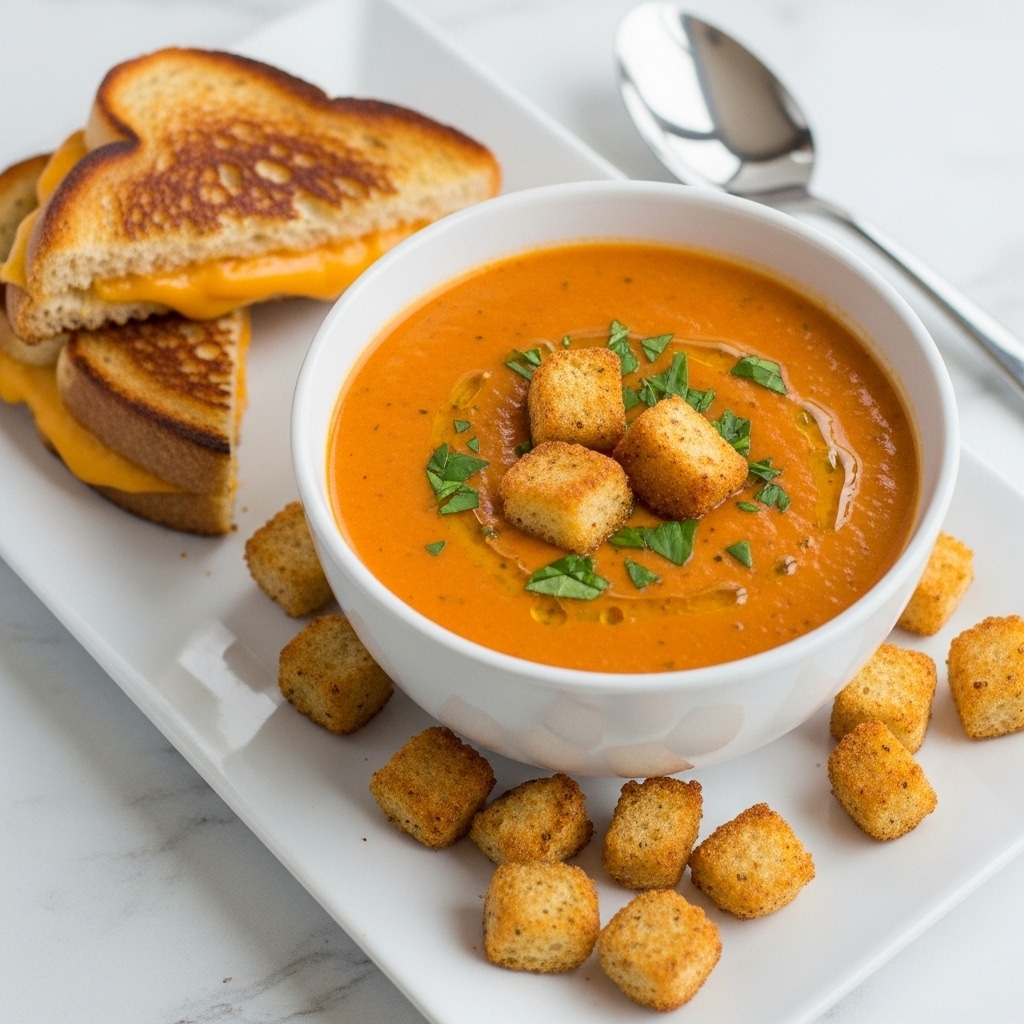 A white bowl filled with creamy orange tomato soup speckled with green herbs sits in the center, topped with three crunchy golden-brown croutons. The bowl is placed on a white rectangular plate scattered with more croutons around it. To the left on the same plate, there are two grilled cheese sandwich halves with crispy, toasted golden-brown crusts and melted cheese oozing slightly. A silver spoon rests nearby on the white marbled surface, adding a shiny contrast. Photo taken with an iphone --ar 4:5 --v 7