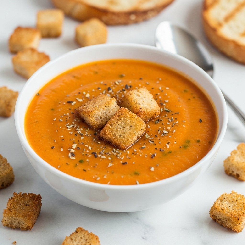 The image shows a white bowl filled with a smooth, thick orange soup that has small green and black specks of herbs and spices mixed throughout. On top of the soup, three golden brown croutons, crisp and slightly toasted with a rough texture, sit close together near the center. Around the bowl, a few loose croutons are scattered on a white marbled surface. There is also a silver spoon placed nearby, and in the background, a blurred slice of toasted bread with a golden crust is visible. The scene is bright and clean. photo taken with an iphone --ar 4:5 --v 7