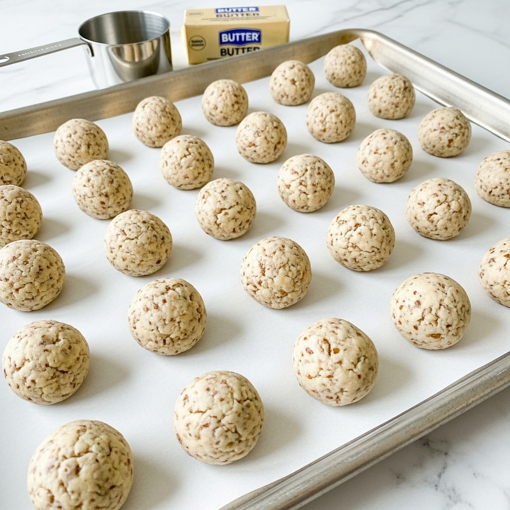 The image shows many small round dough balls of light cream color with small brown specks mixed in, arranged evenly on a baking sheet lined with white parchment paper. The dough balls have a smooth but slightly textured surface, indicating a nutty or grainy mix inside. The baking sheet has a metallic silver edge and is placed on a white marbled surface. A metal measuring cup and a butter package are visible near the top corner, adding context to the baking process. photo taken with an iphone --ar 4:5 --v 7