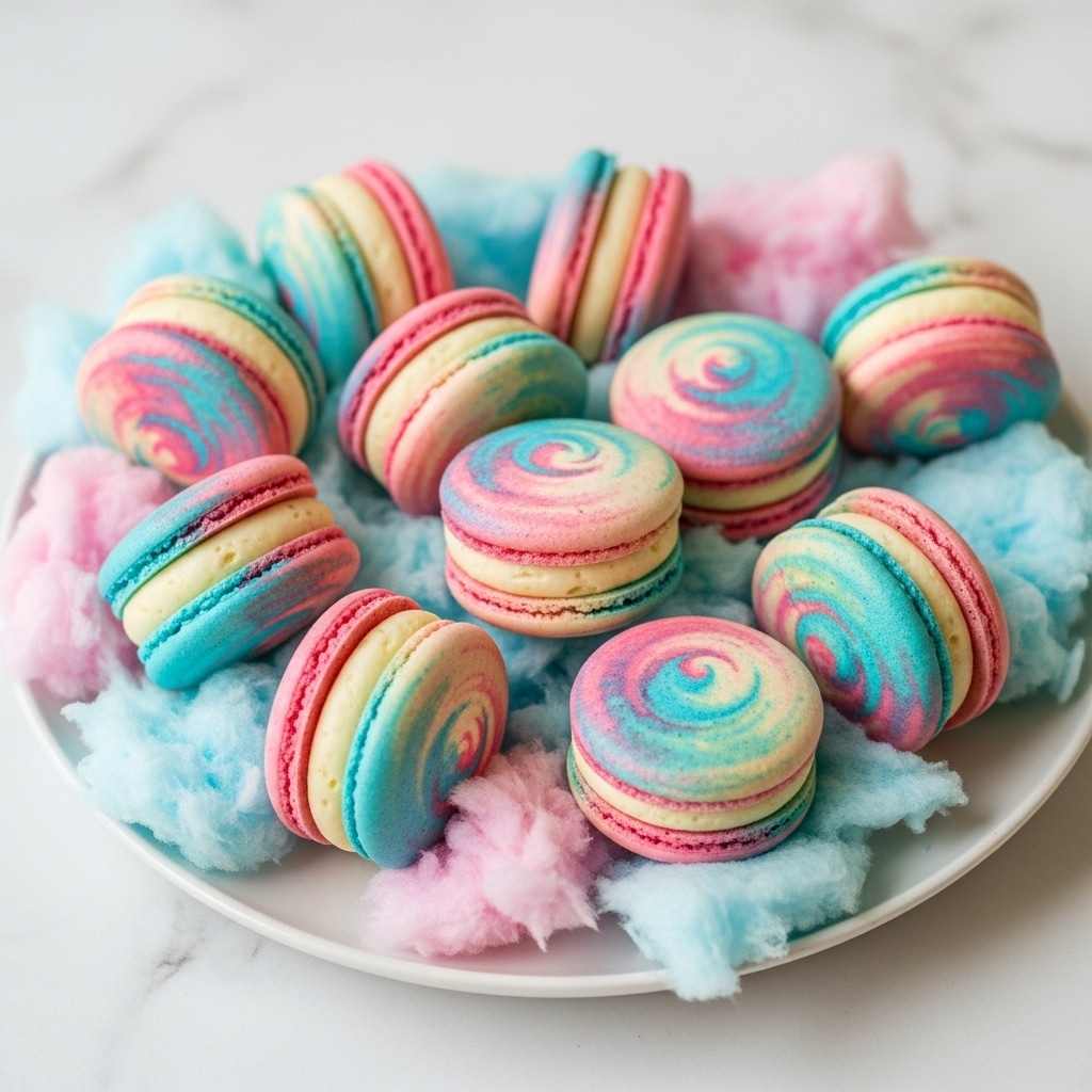 A white plate filled with colorful macarons that have a swirled mix of pink, blue, and white colors on the shells, each with a creamy filling in the middle layer. The macarons are resting on fluffy pieces of blue and pink cotton candy that add a soft texture around them. The plate is set on a white marbled surface that gives a clean and bright look. photo taken with an iphone --ar 4:5 --v 7