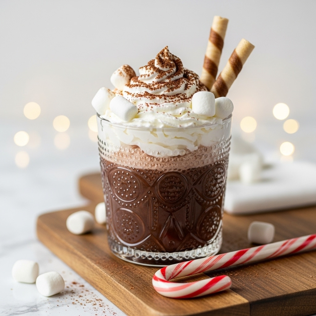 A clear textured glass cup filled with dark brown hot chocolate as the bottom layer, topped with a thick layer of white whipped cream sprinkled with brown cocoa powder. White mini marshmallows are placed on and around the whipped cream, along with two upright brown rolled wafer sticks. The cup is resting on a wooden board with a candy cane lying in front, all set on a white marbled surface with soft glowing lights in the blurred background. photo taken with an iphone --ar 4:5 --v 7