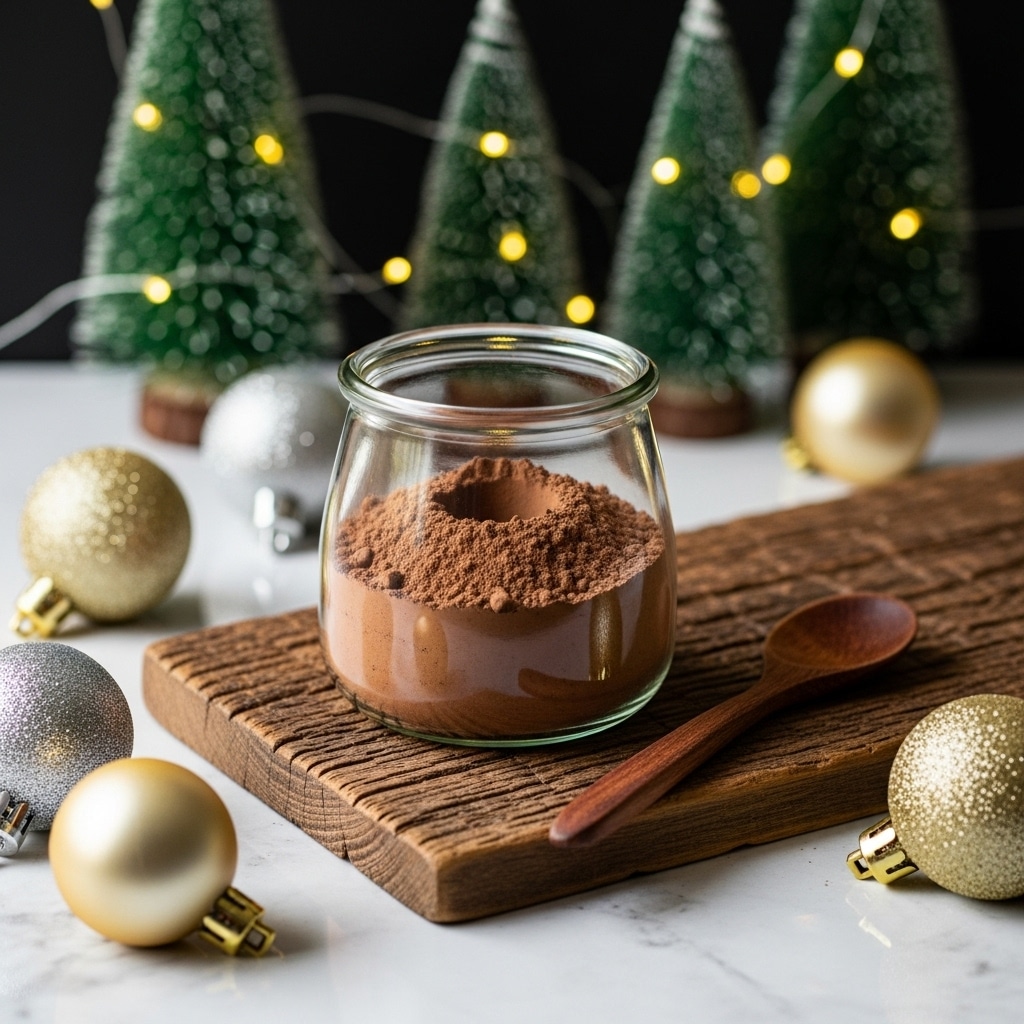 A clear glass jar filled with fine dark brown cocoa powder, showing a smooth surface with a small well in the center. The jar is placed on a textured rustic wooden board, next to a wooden spoon with a dark brown color. Around the setup are shiny golden and silver Christmas ornaments and blurred green mini Christmas trees decorated with small warm yellow lights, all set against a dark background. The whole scene rests on a white marbled textured surface. photo taken with an iphone --ar 4:5 --v 7