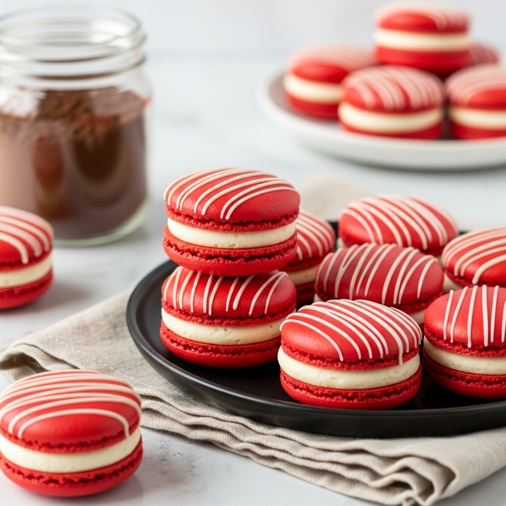 A close-up view of a stack of three bright red macarons, each with two smooth red shell layers that have a slightly textured edge, sandwiching a thick middle layer of creamy white filling. The top and middle macarons have a drizzle of white icing on the top red shell. Around the stack, other red macarons with white icing drizzle are scattered on a surface that has a white marbled texture. The background is softly blurred. Photo taken with an iphone --ar 4:5 --v 7