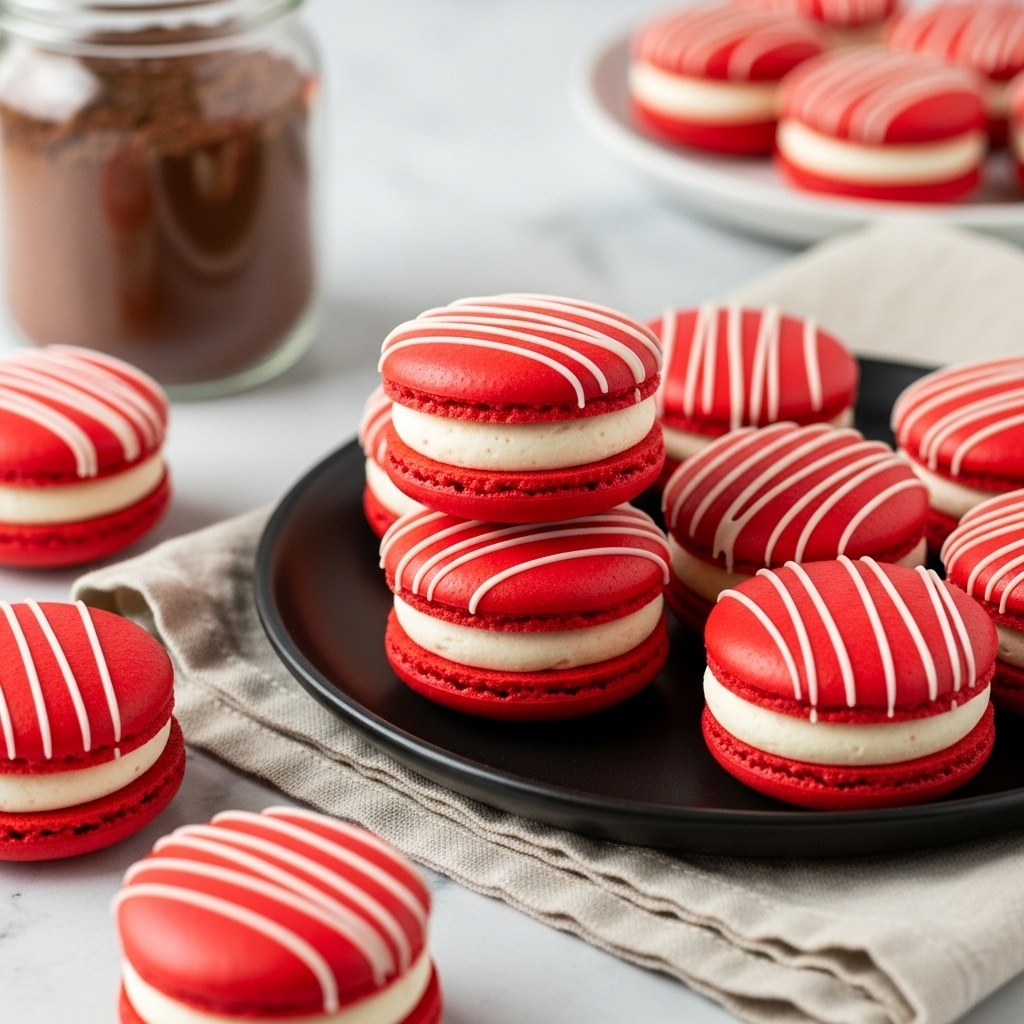 A black plate holds seven red macarons arranged close together, each with two smooth, shiny red shells and a thick white cream layer in the middle; thin white icing drizzle lines run vertically over the top of each macaron. The plate rests on a crumpled light beige cloth on a white marbled surface. In the background, more red macarons are slightly out of focus on another white plate. Photo taken with an iphone --ar 4:5 --v 7