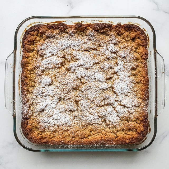 A square glass baking dish shows a freshly baked dessert with a golden brown crumbly top layer sprinkled with a dusting of white powdered sugar, giving a textured and slightly uneven surface. The crust looks crunchy and thick, covering the entire dish. Around the edges, the crust is browned and slightly crisp, contrasting with the lighter, sugary top. The dish rests on a white marbled texture. photo taken with an iphone --ar 4:5 --v 7