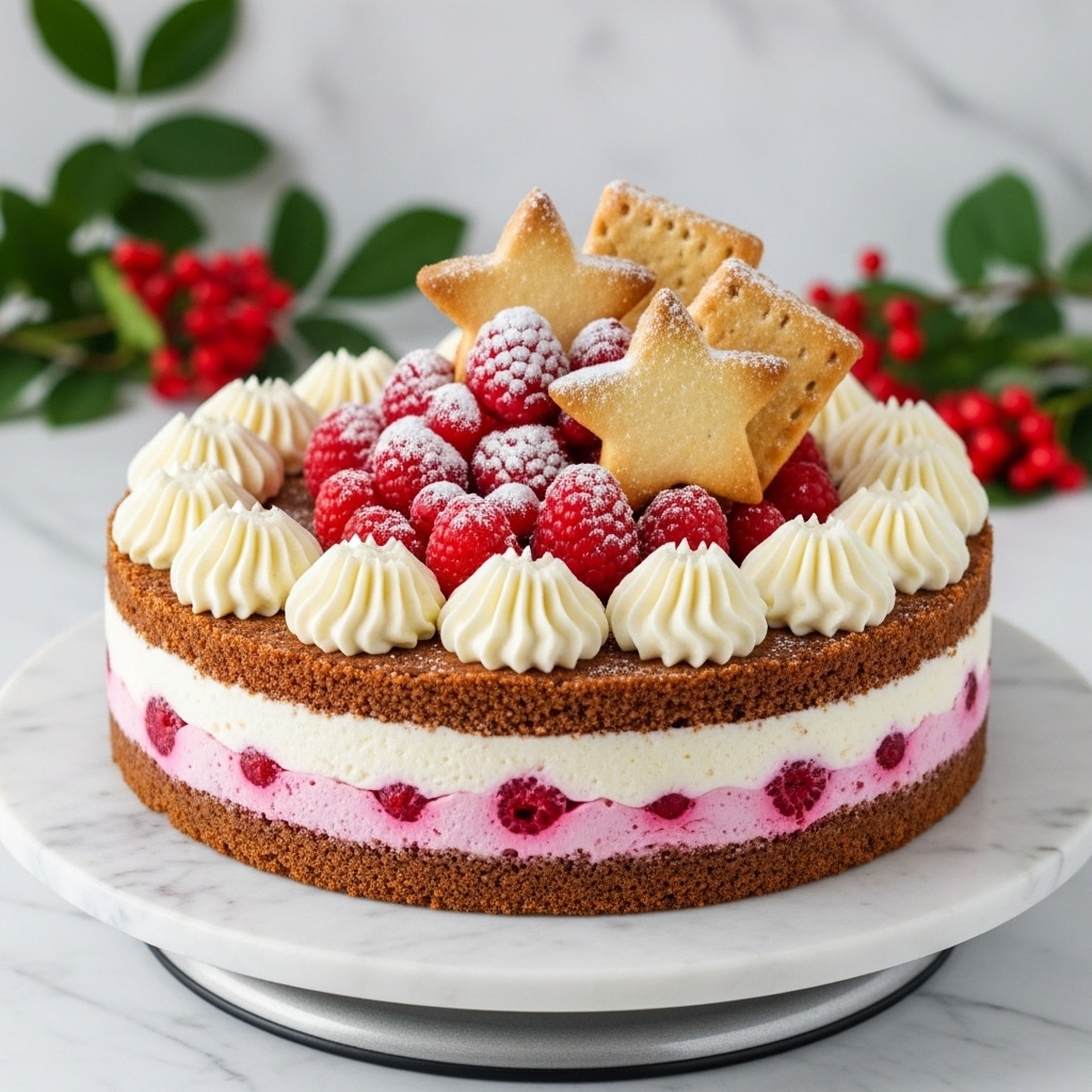 This is a round cake with a crumbly brown base layer. Above that is a thick creamy white layer mixed with red berry pieces spread evenly inside. The top edge has swirls of white cream all around. In the center, there is a pile of red berries dusted with powdered sugar. On top of the berries, there are two golden star-shaped cookies and some rectangular cookies slightly leaning against the stars, also dusted with powdered sugar. The cake sits on a silver cake stand placed on a white marbled background. photo taken with an iphone --ar 4:5 --v 7