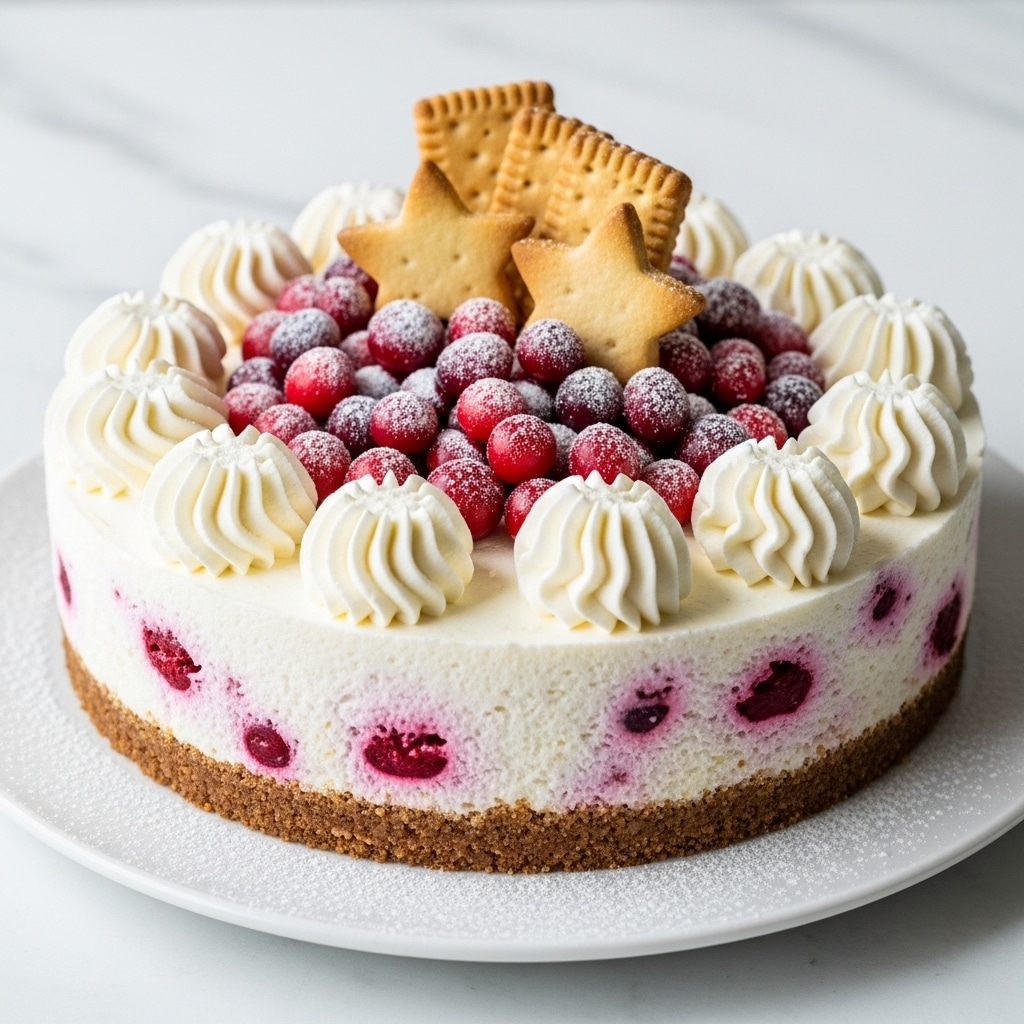 A round cheesecake with three clear layers sits on a white marbled texture cake stand. The bottom layer is a thick, crumbly, brown biscuit crust. The middle layer is creamy white cheesecake mixed with bright red cranberry pieces spread unevenly. The top layer is decorated with large, white swirls of whipped cream around the edge, with a pile of fresh red cranberries dusted with powdered sugar in the center. Two star-shaped cookies and several rectangular cookies are placed standing up among the cranberries. The whole cake has a light sprinkle of powdered sugar on top. Photo taken with an iphone --ar 4:5 --v 7