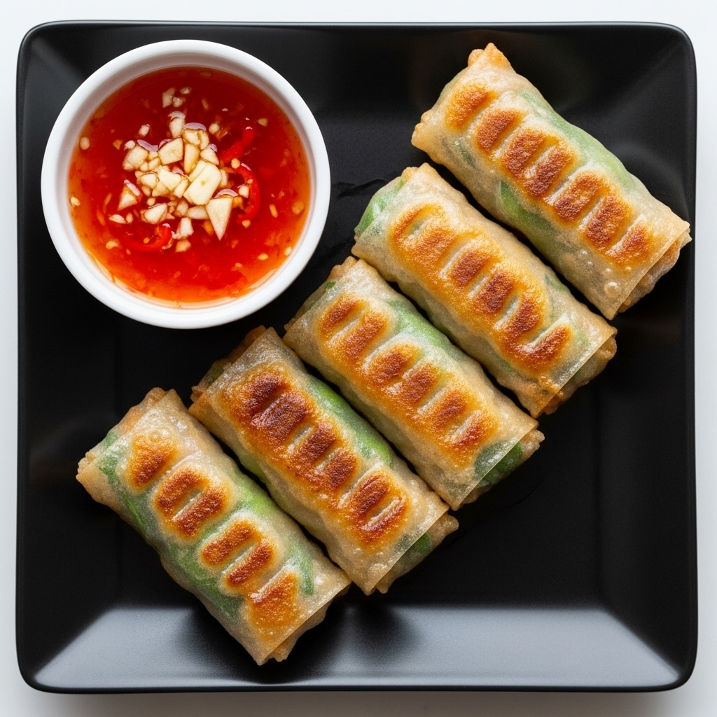 The image shows a round wooden plate lined with crinkled white parchment paper holding eight grilled spring rolls. Each spring roll is golden brown with a slightly crispy and shiny outer layer, and small green onion pieces sprinkled on top. Three of the spring rolls are cut in half, revealing a colorful filling of shredded vegetables in orange, white, green, and purple tones. On the right side of the plate, there is a white bowl filled with a smooth light brown dipping sauce, and below it, a small white bowl with a blue pattern contains some dark red chili flakes. The background is a white marbled texture. photo taken with an iphone --ar 4:5 --v 7