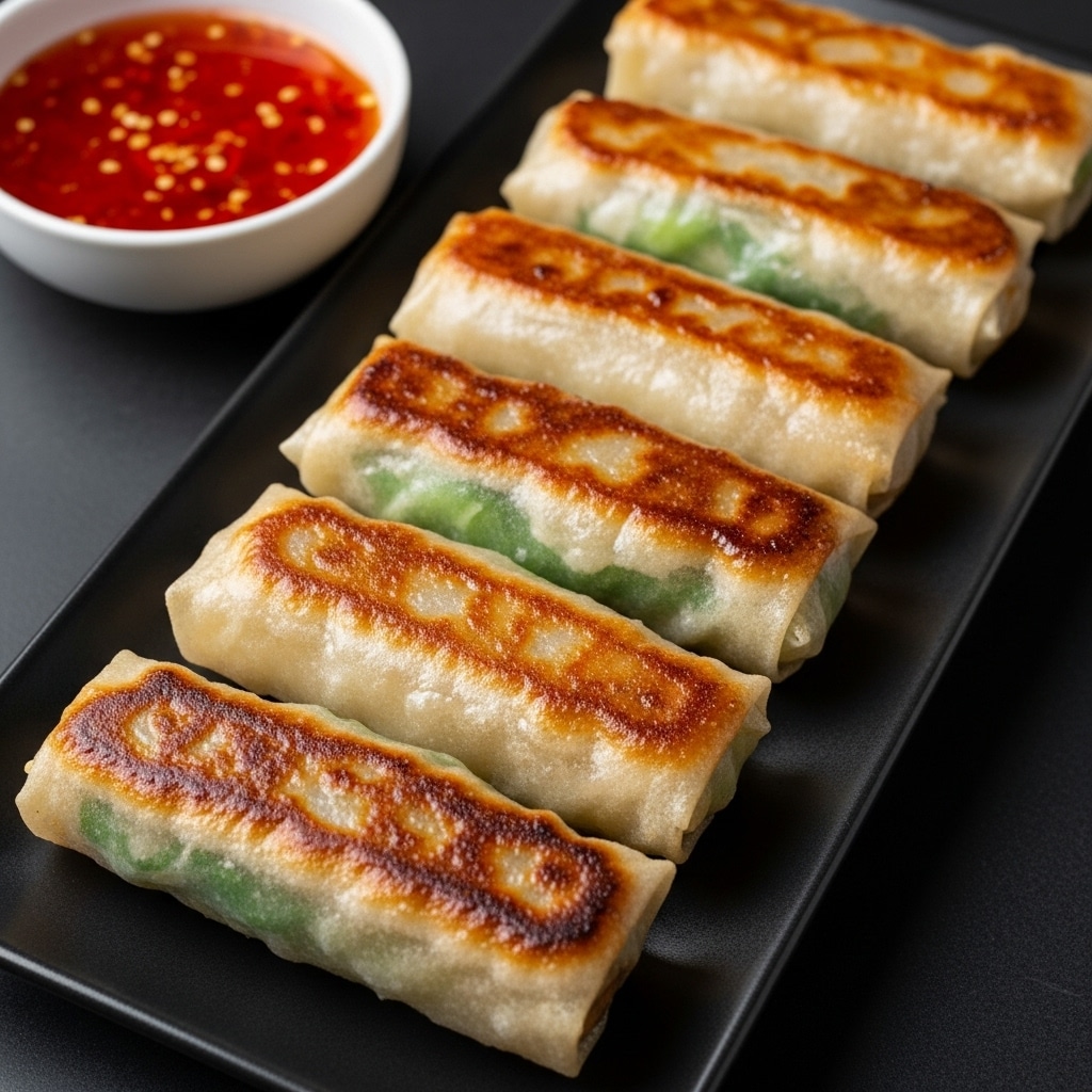 The image shows a white round plate lined with crumpled white parchment paper holding eight golden-brown spring rolls. Six whole spring rolls lie flat on the paper, arranged close together, while two cut spring rolls reveal layers of colorful filling including orange carrot, light noodles, and green herbs. The spring roll skins are shiny with a crispy texture and scattered small green onion rings on top. Next to the plate on a white marbled surface are two small bowls, one with a light orange dipping sauce and another white bowl with dark chili paste, adding contrast to the scene. photo taken with an iphone --ar 4:5 --v 7