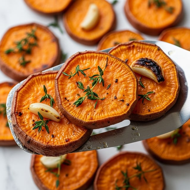 A white plate holds a pile of roasted sweet potato pieces, cut into thick rounds and some into chunky cubes, each with a caramelized, golden-brown crust and a bright orange inside. Scattered bits of browned garlic cloves and small green herb leaves, likely thyme, are mixed in among the sweet potatoes. A silver fork with an ornate handle rests on the edge of the plate, which sits on a light wooden board, all placed on a white marbled surface. photo taken with an iphone --ar 4:5 --v 7
