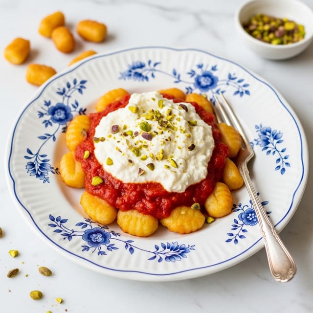 A white plate with blue floral patterns holds a serving of gnocchi covered in a bright red tomato sauce, forming the first layer of the dish. On top of the gnocchi, there is a generous layer of creamy white ricotta cheese with a soft, smooth texture, slightly melting into the sauce. Small green pistachio pieces are sprinkled over the cheese, adding texture and a hint of color. A silver fork rests on the plate, partially touching the gnocchi and cheese. The plate sits on a white marbled surface, with scattered small golden fried bite-sized pieces nearby, and a small white bowl with chopped pistachios in the background. Photo taken with an iphone --ar 4:5 --v 7
