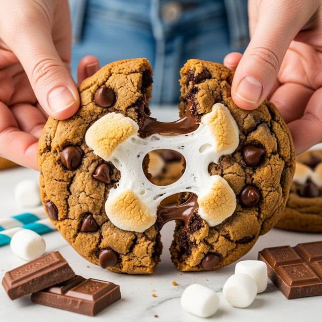 A close-up view of a large chocolate chip cookie being pulled apart by two woman's hands, revealing a soft, gooey white marshmallow and melted chocolate filling inside. The cookie has a golden brown, slightly cracked top with visible chocolate chips scattered throughout. It rests on a white marbled surface, with pieces of chocolate bars and some marshmallows placed nearby. Blue and white striped straws are also partially visible on the left side. The warm texture of the cookie contrasts with the smooth, fluffy marshmallow center. Photo taken with an iphone --ar 4:5 --v 7