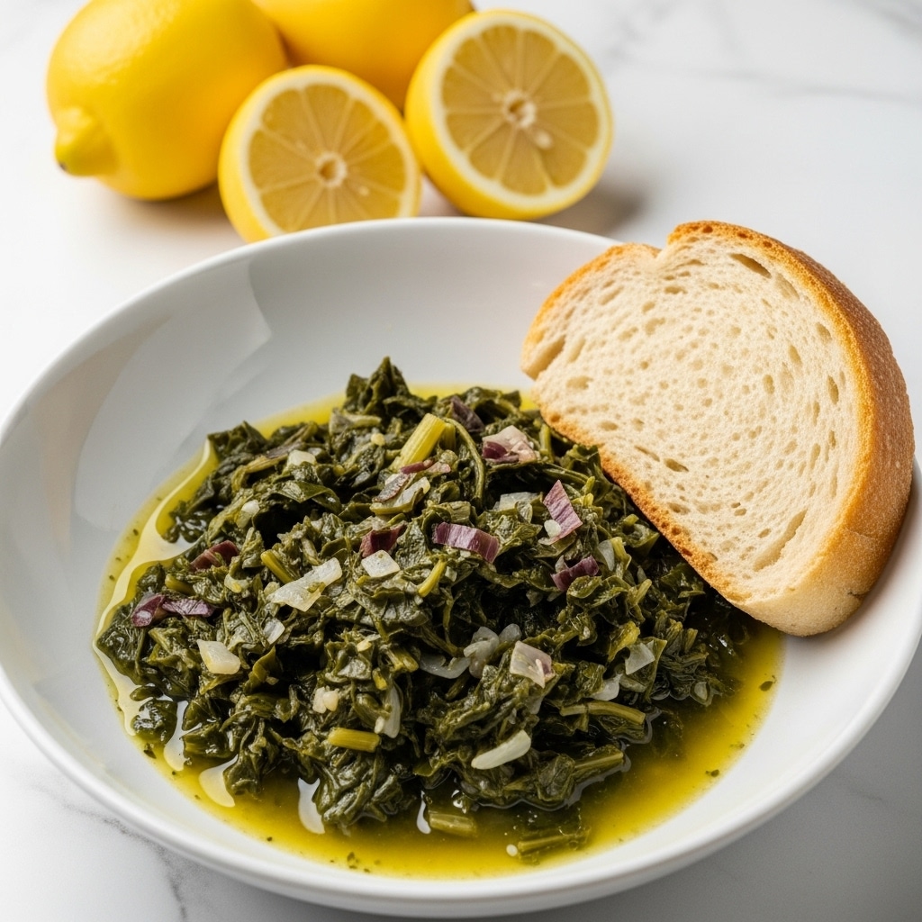 A white bowl filled with cooked leafy greens that look soft and slightly wet, showing dark and medium green colors with some small pieces of red and white mixed in. The greens sit in a shallow pool of light yellow-green broth at the bottom of the bowl. A thick slice of light brown bread is placed inside the bowl on one side, leaning against the greens. Behind the bowl on the white marbled surface are two whole yellow lemons and two lemon wedges, adding a fresh touch to the scene. Photo taken with an iphone --ar 4:5 --v 7