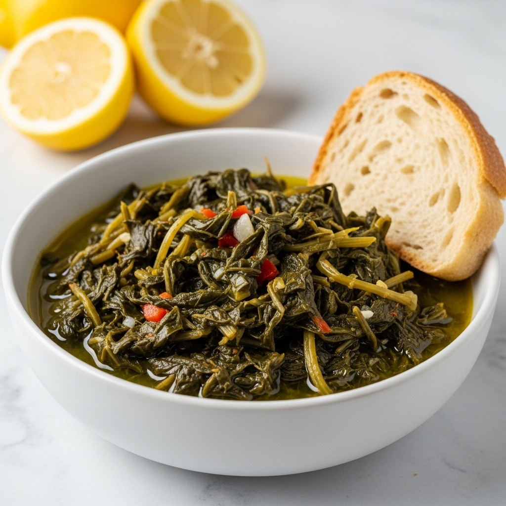 A white bowl filled with cooked dark green leafy vegetables with some thin stems and bits of red pepper mixed throughout, sitting in a layer of yellowish-green broth; the texture is soft and slightly wilted with some moisture on the leaves. On the right side inside the bowl, there is a slice of light brown bread leaning against the bowl’s edge. In the background, there are two lemon halves and one whole lemon blurred out on a white marbled surface. Photo taken with an iphone --ar 4:5 --v 7
