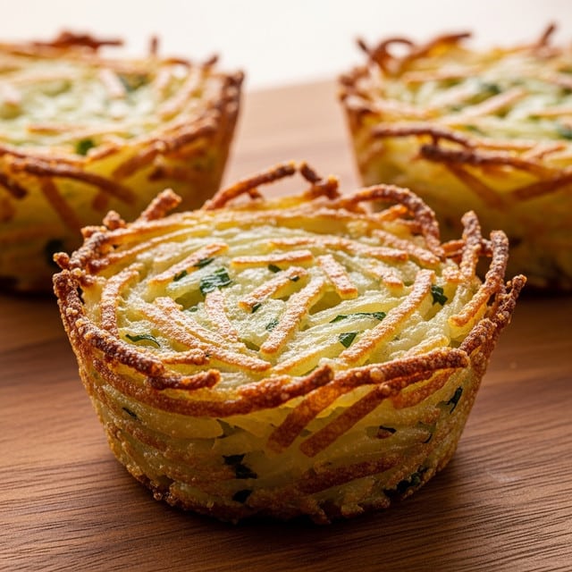 The image shows three golden-brown crispy nest-shaped potato bites with a crunchy outer layer, nicely browned in places with visible thin strands of potato forming the structure. Each potato bite is cup-shaped with a dense base and open top, showing off a textured, slightly uneven surface with some green herb bits mixed in. They are placed on a wooden surface with soft light coming from the back, creating a warm and inviting atmosphere. photo taken with an iphone --ar 4:5 --v 7