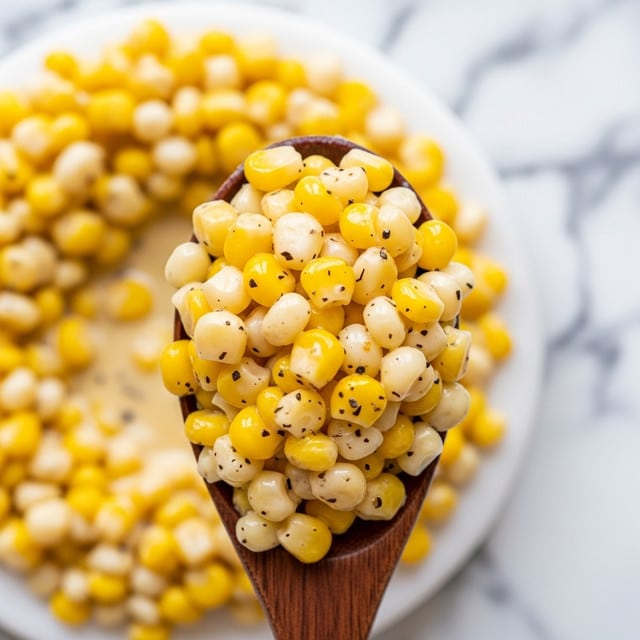 This image shows a close-up of creamy corn salad, with bright yellow and pale white corn kernels mixed evenly together. The corn is coated in a smooth, white sauce with small black pepper specks sprinkled throughout. The texture looks soft and moist, with the corn pieces tightly packed across the entire frame. The background is a white marbled texture. photo taken with an iphone --ar 4:5 --v 7