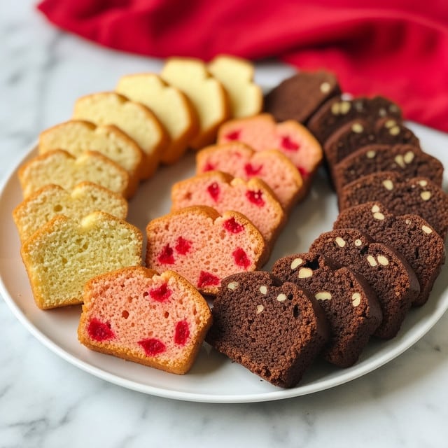 A white plate on a white marbled surface holds three rows of small cake slices, arranged in a neat circle. The first row has light yellow cake slices with a smooth texture, the second row features pinkish cake slices with small red chunks embedded, and the third row shows dark brown cake slices with visible pieces of nuts or fruit. Each row has about four slices, and the lighting highlights the moist, crumbly texture of the cakes, with a blurred red cloth in the background. photo taken with an iphone --ar 4:5 --v 7