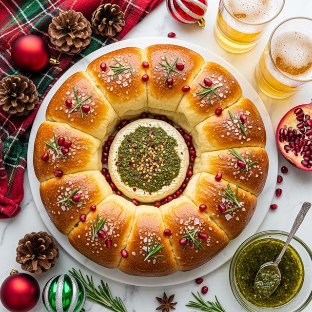 A round pull-apart bread wreath with two layers of soft golden-brown rolls, each roll topped with coarse salt, small green rosemary sprigs, and scattered red pomegranate seeds; the center features a baked cheese wheel covered in a green herb mixture with visible red pepper flakes, all placed on a white marbled surface surrounded by pine cones, red and green striped Christmas ornaments, a glass bowl with green herb oil and a spoon resting on a red plaid napkin, and two glasses of light beer. Photo taken with an iphone --ar 4:5 --v 7