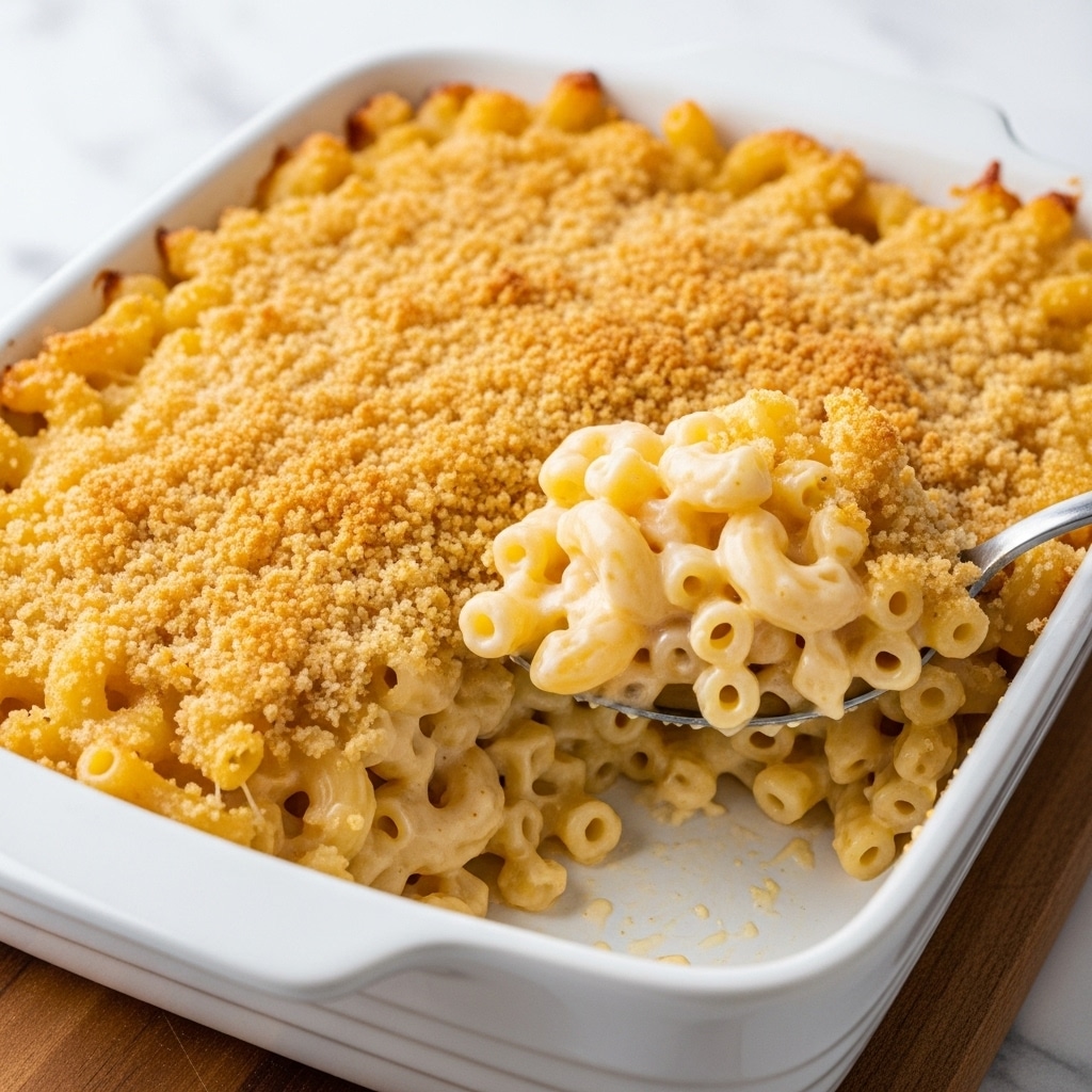 A close-up view of a white rectangular baking dish filled with macaroni and cheese, showing two layers: a top golden-brown crispy breadcrumb layer with a slightly uneven texture, and a thick, creamy cheese sauce layer underneath that coats the elbow macaroni pasta in pale yellow and light beige hues. A metal spoon is scooping a portion from the corner, revealing the soft, gooey inside with bubbling cheese and tender pasta shapes. The dish sits on a wooden board against a white marbled background. photo taken with an iphone --ar 4:5 --v 7