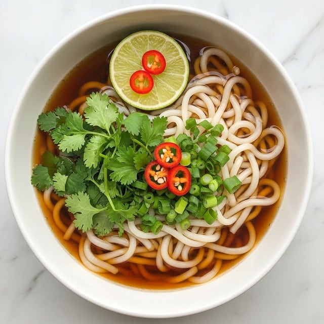 A white bowl is filled with a dark brown broth, with thick white noodles immersed inside it. On top of the noodles, there is a cluster of bright green fresh cilantro leaves and chopped green onions scattered around. A slice of green lime with a few small red chili slices rests on one side above the noodles. More small red chili slices are sprinkled on top, adding a pop of color. The bowl is placed on a white marbled surface. photo taken with an iphone --ar 4:5 --v 7