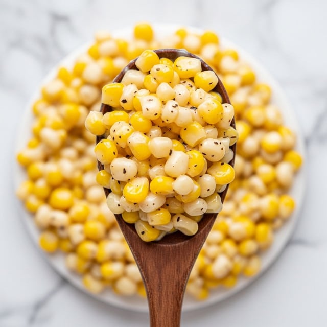 A close-up view of creamy corn kernels being scooped up with a wooden spoon; the corn is a mix of bright yellow and pale white kernels coated in a glossy, smooth sauce with small black specks of seasoning scattered throughout, all resting on a white marbled texture background. photo taken with an iphone --ar 4:5 --v 7