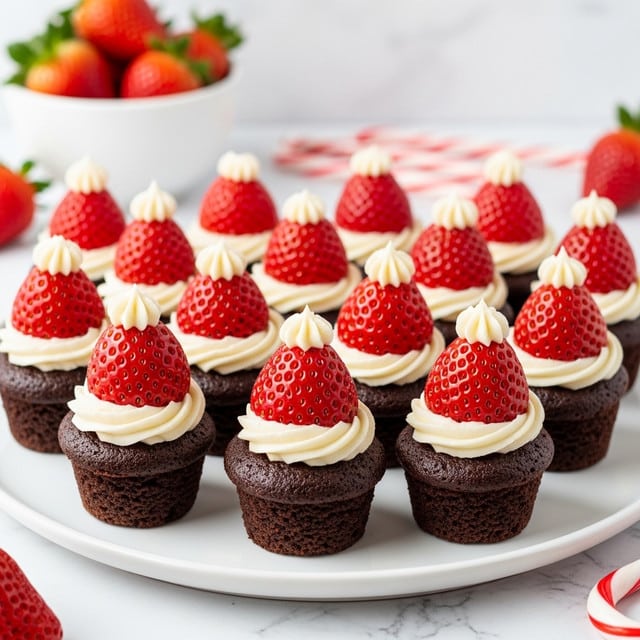A white plate holds fifteen small chocolate cupcakes arranged closely in rows. Each cupcake has three layers: the bottom is a dark brown, moist chocolate cake, the middle layer is a thick swirl of light cream frosting with a soft texture, and the top layer is a whole bright red strawberry placed upside down with the pointed end up. Each strawberry is topped with a small dollop of the same light cream frosting, creating a cute hat-like look. In the blurry white marbled background, there are fresh strawberries in a white bowl and candy canes, with some scattered strawberries, adding a festive touch. Photo taken with an iphone --ar 4:5 --v 7