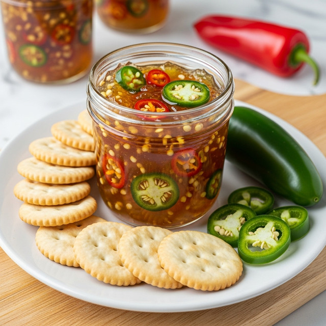 A small clear glass jar filled with chunky red and green chili jelly sits on a black plate, surrounded by a neat semi-circle layer of light golden round crackers. On the right side of the plate, there is a whole bright green jalapeño and three sliced jalapeño rings stacked close together. In the foreground, a wooden spoon holds a generous spoonful of the jelly, displaying its glossy, sticky texture with visible chili pieces. The background features a white marbled surface with a red bell pepper placed behind the plate, and a grey and white patterned cloth partially visible at the bottom left corner. Photo taken with an iphone --ar 4:5 --v 7