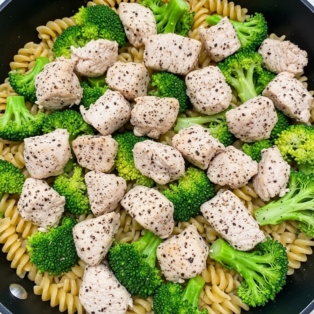 A close-up of a black pan filled with rotini pasta coated lightly in sauce, bright green broccoli florets mixed throughout, and generous chunks of cooked chicken scattered evenly on top. The chicken pieces are pale with light browning and visible black pepper sprinkled over the entire dish, giving it a textured look. The broccoli has a fresh, slightly glossy appearance, sitting just above the pasta layers, which show their spiral shapes clearly. photo taken with an iphone --ar 4:5 --v 7