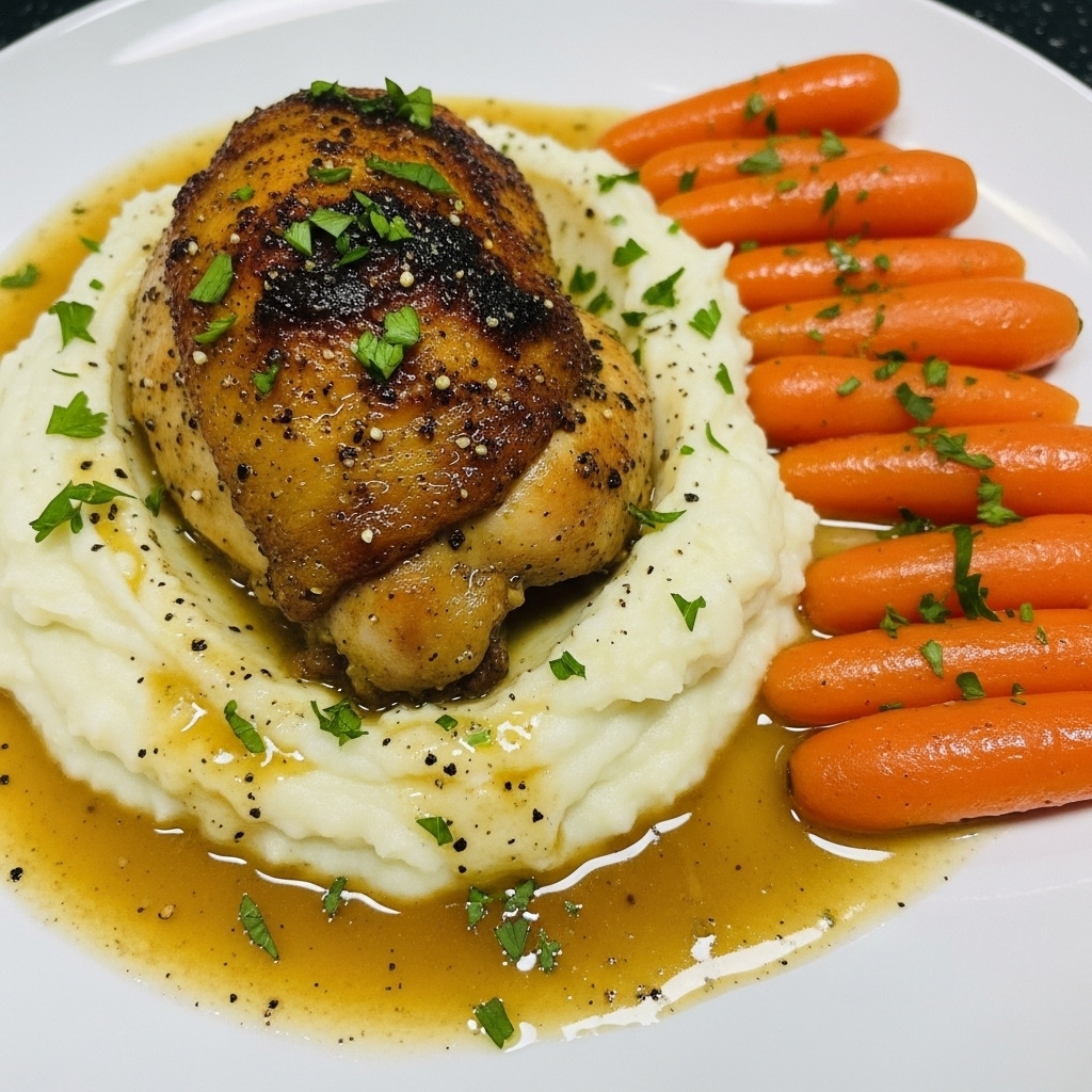 A white plate holds a layered dish with three main parts: at the base, there is a thick layer of creamy, smooth mashed potatoes, pale white with a soft texture, covering most of the plate’s center. On top of the mashed potatoes sits a piece of roasted chicken with crispy, dark golden-brown skin, glistening with juices and sprinkled with bright green chopped parsley. To the right, there is a neat row of whole cooked carrots, bright orange with a slightly shiny surface and sprinkled with green herbs. The entire dish is covered in a light brown gravy with visible black pepper flakes and small herb pieces, pooling slightly around the mashed potatoes. photo taken with an iphone --ar 4:5 --v 7