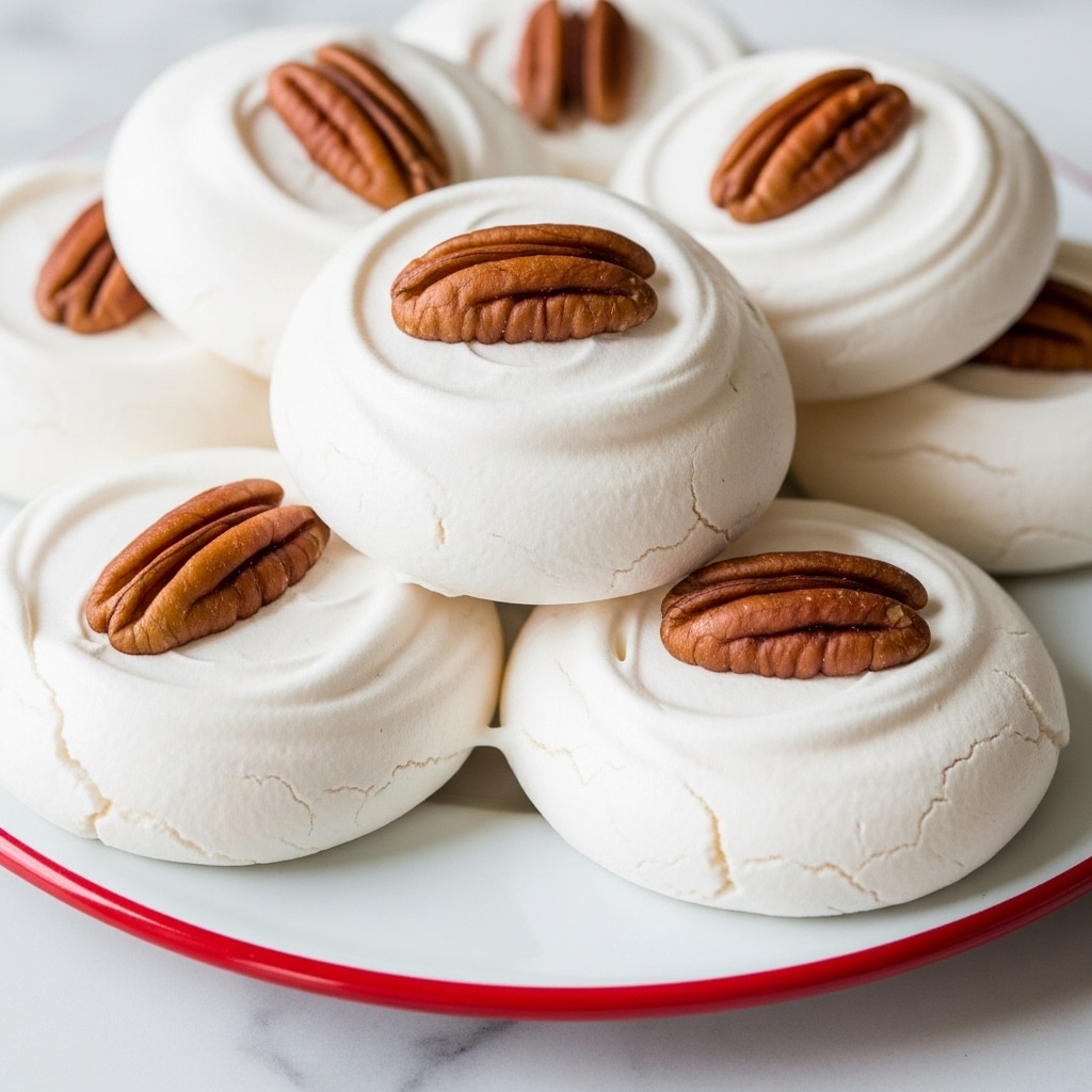 A close-up view of several round white meringue cookies stacked on a white plate with a red rim, each cookie topped with a single whole brown pecan in the center. The meringue has a smooth but slightly uneven texture with soft peaks, and the pecans have a grooved, natural texture that contrasts with the bright white meringue. The setup sits on a white marbled surface, with the focus on the meringues in the middle, creating a cozy, homemade feel. photo taken with an iphone --ar 4:5 --v 7