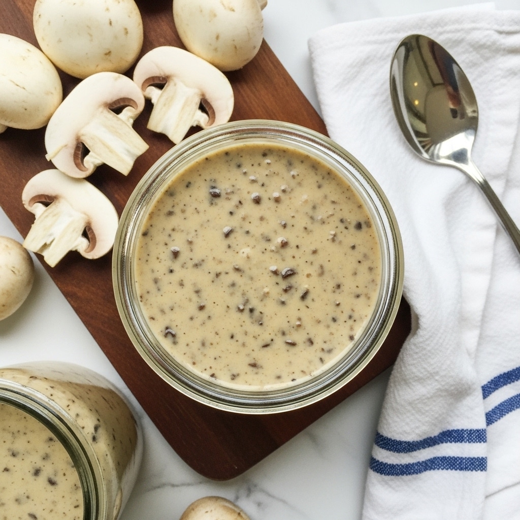 A close-up image of a clear glass jar filled with a creamy, speckled sauce or dressing that has a beige color with bits of dark herbs or spices spread throughout. A spoon with a silver bowl and a golden handle is lifted above the jar, holding a smooth dollop of the sauce, showing its thick and creamy texture. The background shows blurred shapes in soft browns and whites, with the jar placed on a white marbled surface. Photo taken with an iphone --ar 4:5 --v 7