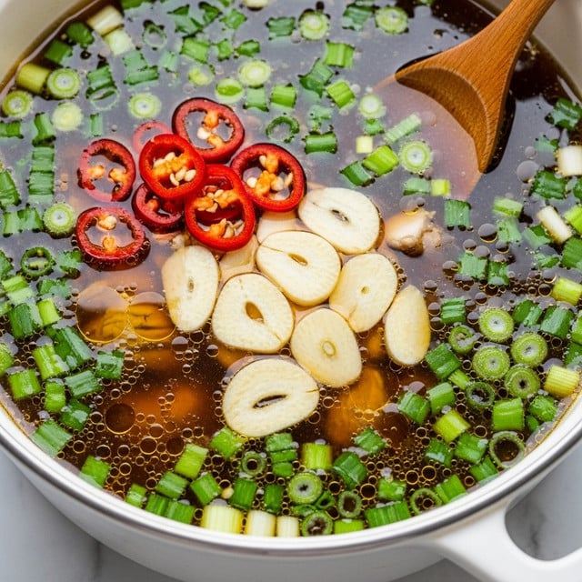 A close-up view of a white pot filled with dark brown broth, topped with sliced green onions scattered evenly across the surface, a cluster of thin red chili slices, and a central cluster of whole garlic slices showing smooth, light tan, rounded edges. Tiny oil droplets float on the broth, giving it a slightly shiny texture. A wooden spoon rests on the edge of the pot on a white marbled surface. photo taken with an iphone --ar 4:5 --v 7