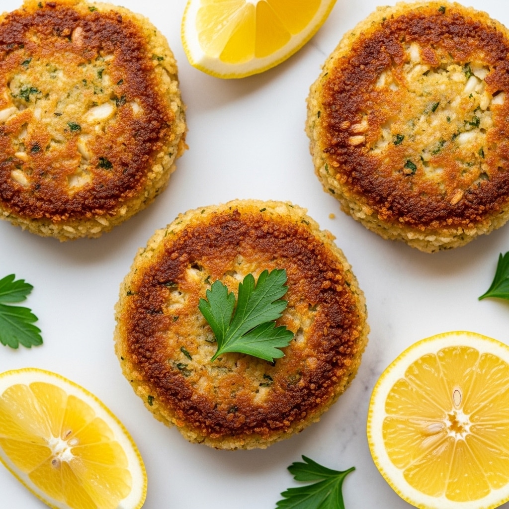 The image shows three golden-brown crab cakes with a rough, crispy texture, placed on a white marbled surface. Each crab cake is circular and has a slightly uneven, crunchy crust with visible small bits of herbs or spices. The crab cake in the center is garnished with a fresh green parsley leaf on top. Around the crab cakes, there are three bright yellow lemon wedges with juicy, translucent flesh, adding color contrast. Small parsley leaves are scattered near the crab cakes, enhancing the fresh look. photo taken with an iphone --ar 4:5 --v 7