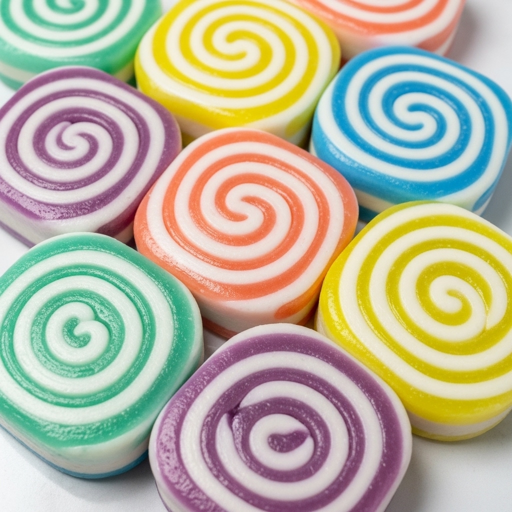 A close-up view of several colorful swirl candies arranged closely together, each candy shaped like a rounded square with a spiral pattern. The spirals have multiple layers of soft pastel colors, including purple, pink, white, orange, yellow, green, and blue, blended smoothly with a glossy and slightly translucent texture. The candies appear to have a gentle shine, showing a smooth, almost jelly-like surface. They are placed on a white marbled textured surface, filling the frame with bright, cheerful colors. photo taken with an iphone --ar 4:5 --v 7