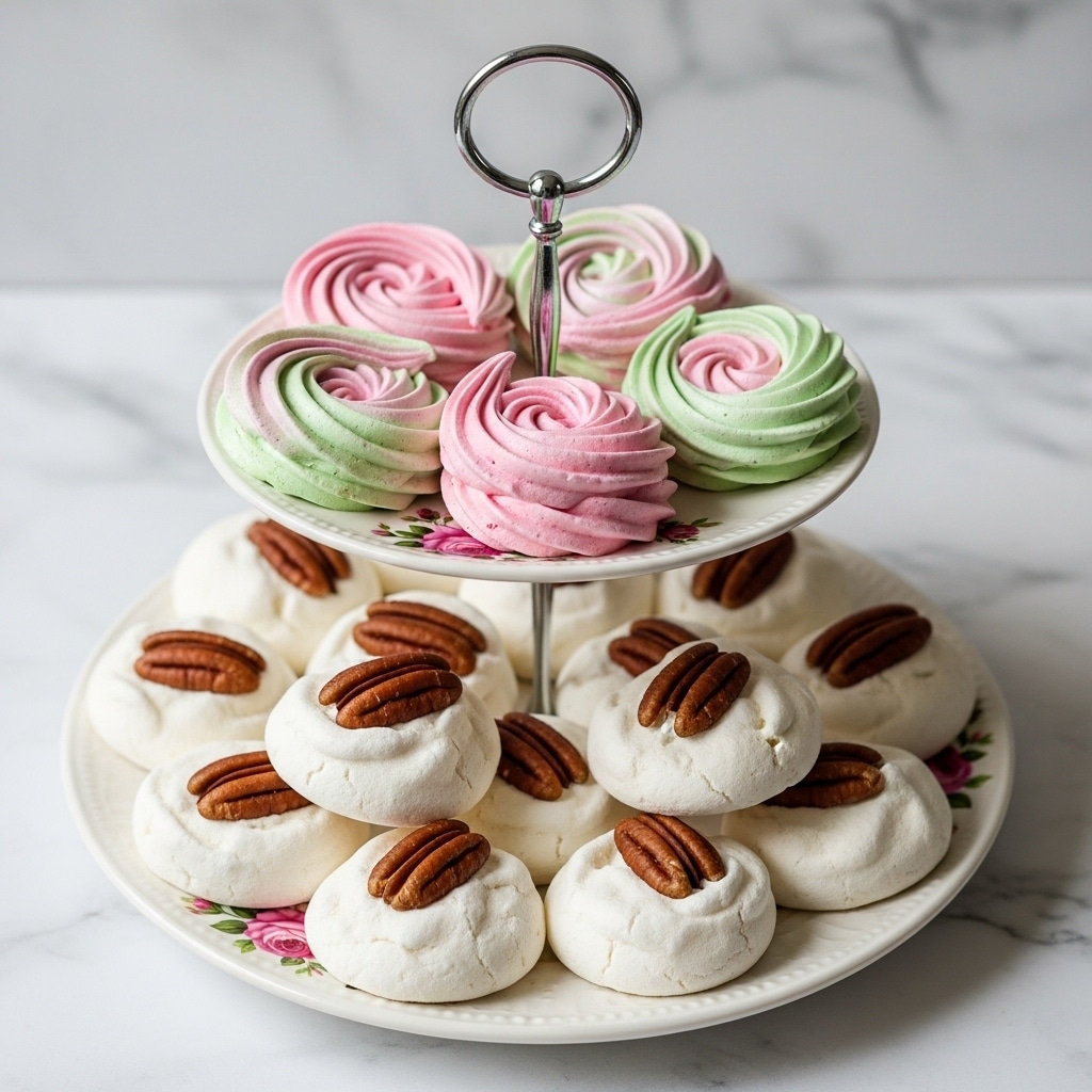 A two-layer white ceramic stand holds colorful sweets against a white marbled texture. The top layer has six swirled meringue cookies in pink, white, and green colors, each with a soft, airy texture and a spiral shape. The larger bottom layer features white meringue cookies topped with whole brown pecans, arranged evenly around the plate with a rough but fluffy surface. Both layers have floral designs underneath the cookies, showing pink flowers and green leaves. The stand has a shiny silver handle in the center for easy carrying. Photo taken with an iphone --ar 4:5 --v 7