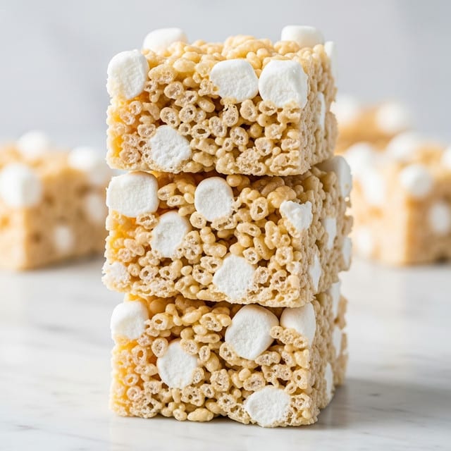 Three square layers of crispy rice and marshmallow treats are stacked on top of each other. Each layer has a light golden beige color from the crispy rice pieces, mixed with uneven white marshmallow chunks that create a soft and puffy texture. The marshmallow coating looks sticky, shiny, and holds the crispy rice firmly together. The stack is placed on a white marbled surface that softly blurs in the background. photo taken with an iphone --ar 4:5 --v 7