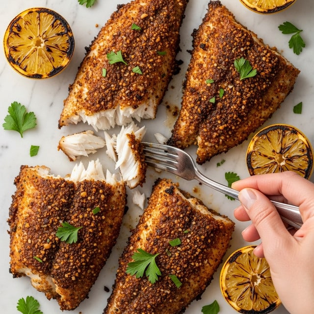 A close-up view of two grilled fish fillets on a white plate, each with visible dark grill marks and a slightly charred, golden-brown surface covered with chopped fresh green herbs. On top of the fillets are two thick, grilled lemon slices, one garnished with a small sprig of parsley. Around the fillets on the plate are several fresh lemon wedges with a pale yellow color. The plate sits on a white marbled texture background. photo taken with an iphone --ar 4:5 --v 7