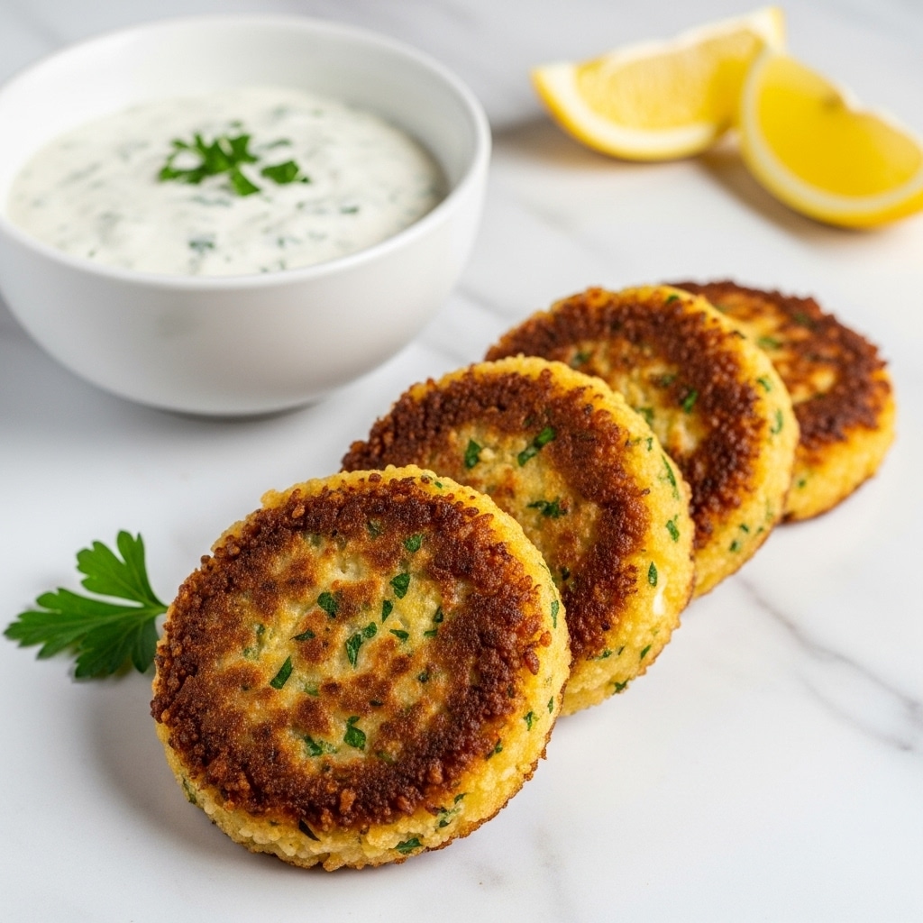 The image shows four golden-brown, round fritters stacked slightly overlapping on a white marbled surface. Each fritter has a crunchy, textured outer layer with small bits of darker brown spots and some visible herbs, giving a rustic look. To the left of the fritters is a white bowl filled with a creamy white sauce speckled with green herbs. A small green parsley leaf is placed near the front fritter. In the background, there are a couple of lemon wedges that are yellow and sharp against the white marbled surface. photo taken with an iphone --ar 4:5 --v 7