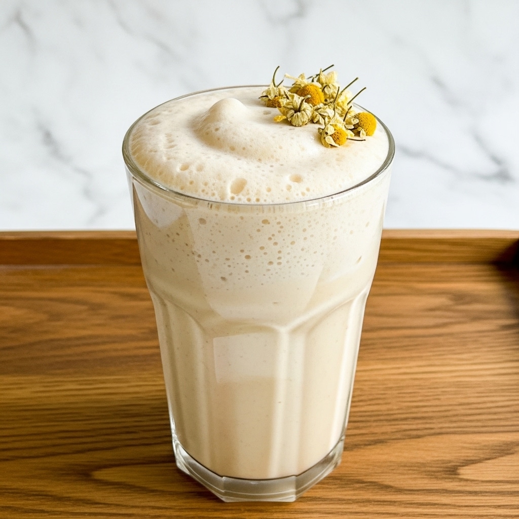 A tall clear glass filled with a light creamy beige drink topped with a thick layer of frothy foam, garnished with small dried yellow flowers resting gently on the foam. The glass is placed on a wooden tray with visible grain texture, and the background is changed to a white marbled texture. photo taken with an iphone --ar 4:5 --v 7