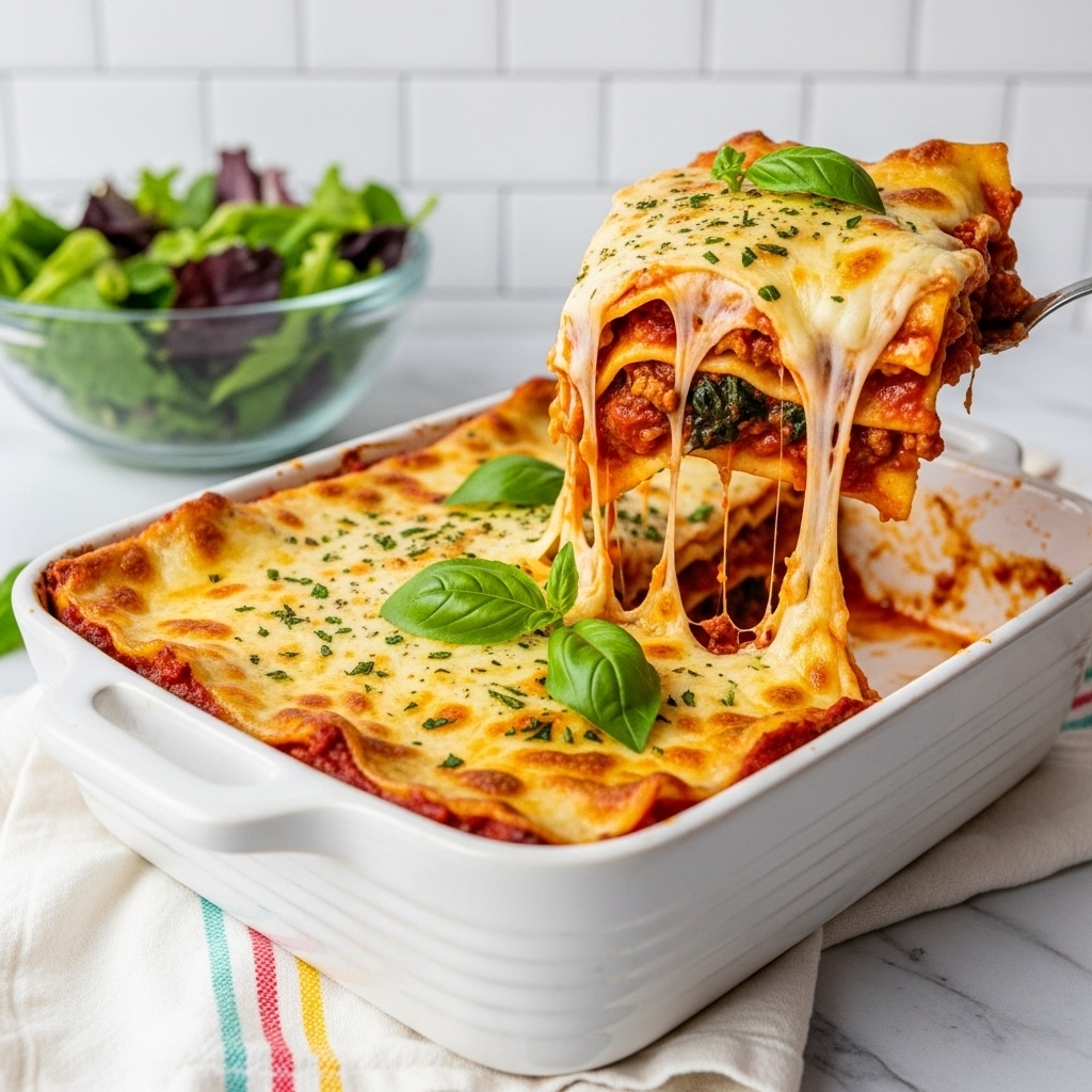 A thick slice of lasagna is lifted from a white baking dish, showing multiple layers of golden, melted cheese stretching down in long strings, bright red tomato sauce with small chunks of meat and herbs, creamy white ricotta and spinach mixture, and soft flat pasta sheets. The top layer is browned cheese with some fresh green basil leaves placed on top for decoration. The dish sits on a white marbled surface with a white bowl of salad blurred in the background. photo taken with an iphone --ar 4:5 --v 7