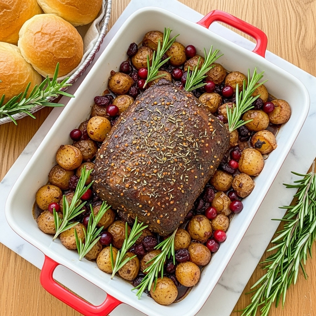 A rectangular white dish with red handles holds a large roasted meat covered in a dark brown sauce with visible herbs and bits of garlic, surrounded by small round roasted potatoes and deep red cranberries. Fresh green rosemary sprigs are placed on top and around the meat, adding a touch of bright green against the rich dark colors of the roast. The dish sits on a white marbled surface, with a striped cloth partially visible on the side and pieces of dried cranberries scattered nearby. In the background, a basket of light golden bread rolls can be seen. Photo taken with an iphone --ar 4:5 --v 7