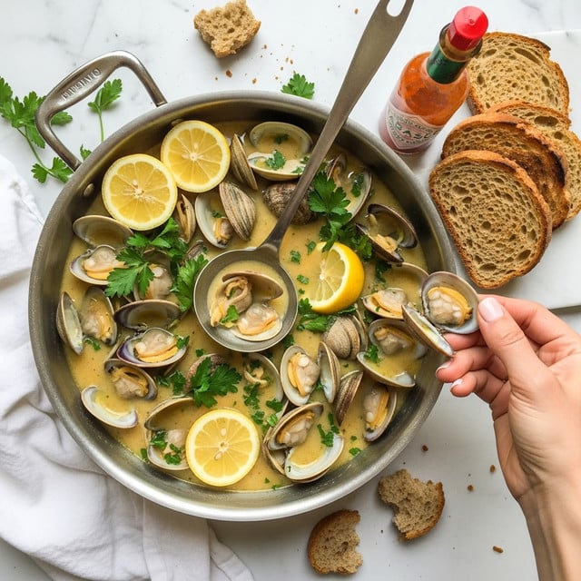 A large silver pan filled with creamy soup that is light beige in color, loaded with open clam shells showing their soft beige and purple insides. Bright yellow lemon wedges float on top along with green parsley pieces scattered around. A long silver ladle rests inside the pan, being lifted by a woman's hand holding a clam filled with creamy broth. To the side, slices of toasted brown bread lean against a bottle of orange hot sauce, all set on a white marbled surface with a white cloth nearby and some torn pieces of bread scattered. Photo taken with an iphone --ar 4:5 --v 7