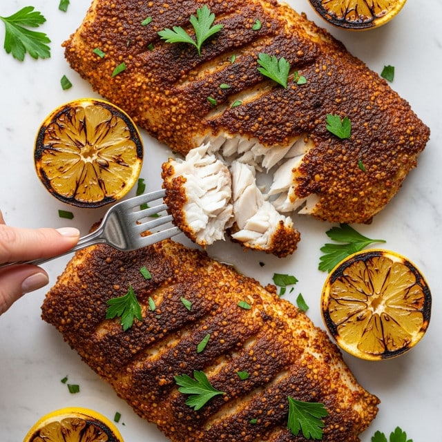 The image shows three pieces of grilled fish with a dark, crispy, and speckled golden-brown crust on top, laid on a white marbled surface. The fish is garnished with small green parsley leaves scattered on top and around it. Bright yellow lemon wedges with a charred, blackened sear on their edges sit at the corners and between the fish pieces. A woman’s hand is holding a large silver fork that is pulling apart a white, flaky piece of fish in the middle of the image. The fish texture inside is soft and moist, contrasting with the coarse outer layer. Photo taken with an iphone --ar 4:5 --v 7