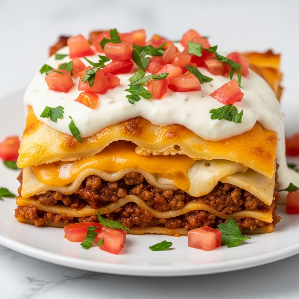 A close-up view of a slice of layered cheesy lasagna served on a white plate on a white marbled surface. The lasagna has three main visible layers: the bottom layer is rich minced meat mixed with bits of tomato, the middle layer is gooey melted cheddar cheese with browned edges, and the top layer is a smooth creamy white sauce generously spread over the cheese. On top, there are small diced red tomatoes and chopped fresh green parsley sprinkled all over the sauce and around the plate's base, adding a fresh color contrast to the golden and red tones of the lasagna. photo taken with an iphone --ar 4:5 --v 7