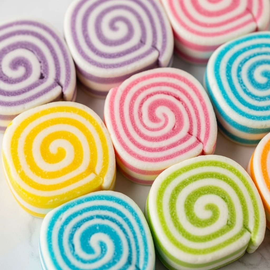 The image shows a close-up of several small, twisted swirl candies that look soft and shiny. Each candy has two or three colors twisted together, like purple with white and pink, green with white and pink, orange with white and yellow, and pink with white. The candy shapes are round, with smooth curved lines forming the swirl on top. They are placed close together, filling most of the frame, resting on a white marbled surface that is slightly blurred in the background. The overall look is bright and colorful with a glossy, soft texture. photo taken with an iphone --ar 4:5 --v 7
