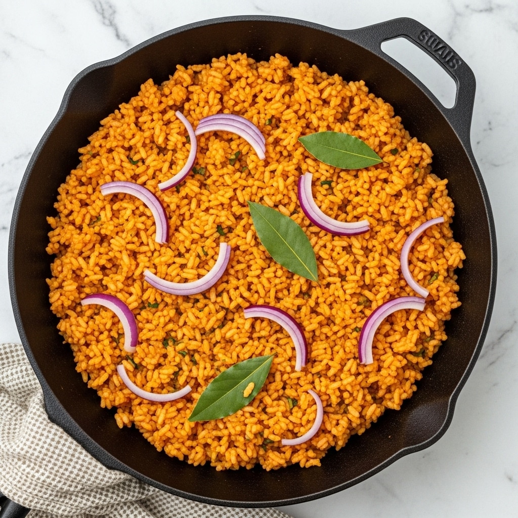 A black cast iron pan filled with a single layer of orange-colored rice that looks fluffy and evenly cooked, sprinkled with a few green bay leaves and thin, curved slices of purple onion scattered on top. The pan sits on a white marbled surface with a textured beige cloth partially visible beneath it. The rice has a soft texture with some tiny bits that show seasoning throughout. Photo taken with an iphone --ar 4:5 --v 7