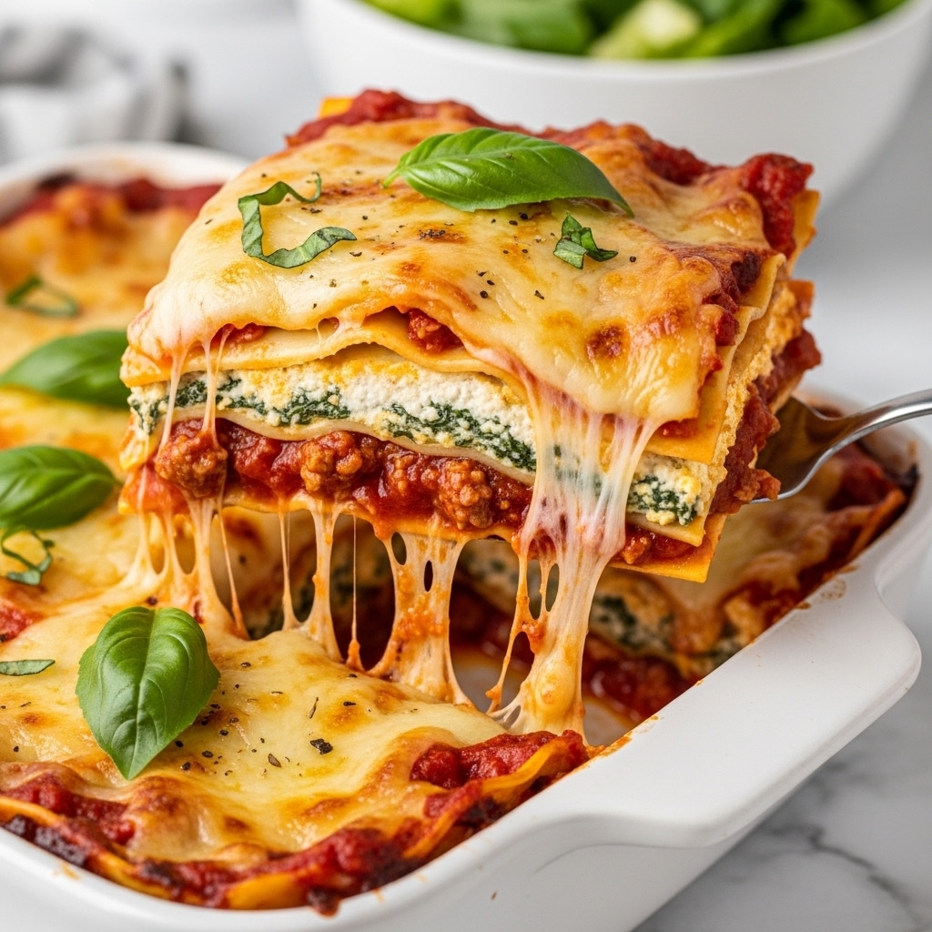 A piece of lasagna is being lifted from a white ceramic baking dish, showing multiple layers: a golden melted cheese top with sprinkled herbs, underneath a rich red tomato sauce with bits of spinach and meat, soft yellow pasta sheets, and more cheese layers, all dripping stretchy melted cheese. Fresh green basil leaves are used as garnish on the lasagna in the dish. The scene is set on a white marbled surface with a white cloth with thin colored stripes under the dish, a bowl of fresh mixed green salad blurred in the background, and white subway tiles in the back. photo taken with an iphone --ar 4:5 --v 7