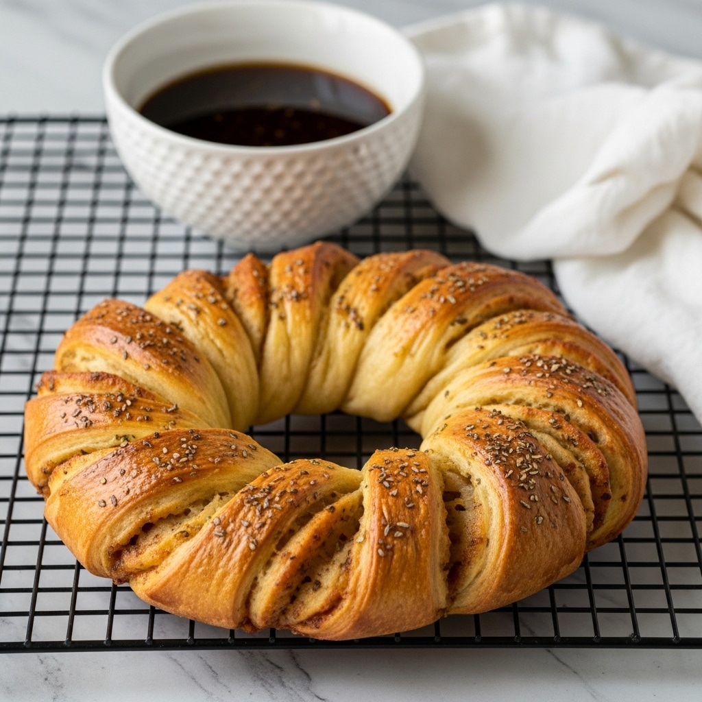 A golden brown, twisted bread with a shiny, slightly crispy crust sits on a black cooling rack over a white marbled surface, sprinkled with herbs on top giving it a textured look. Behind the bread is a white bowl with a dimpled pattern filled with a dark brown dipping sauce that has a glossy surface. To the side is a slightly crumpled, white cloth napkin. The bread’s twisted layers show soft inner textures with a mix of light and darker browned spots. Photo taken with an iphone --ar 4:5 --v 7